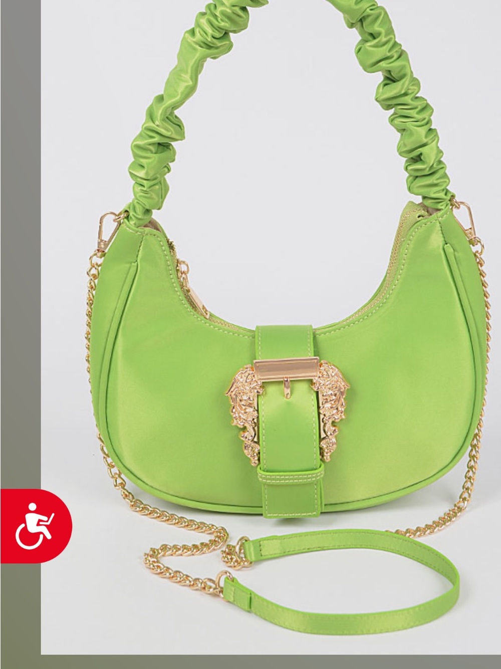 Bright Green Satin Shoulder Bag with Gold Hardware